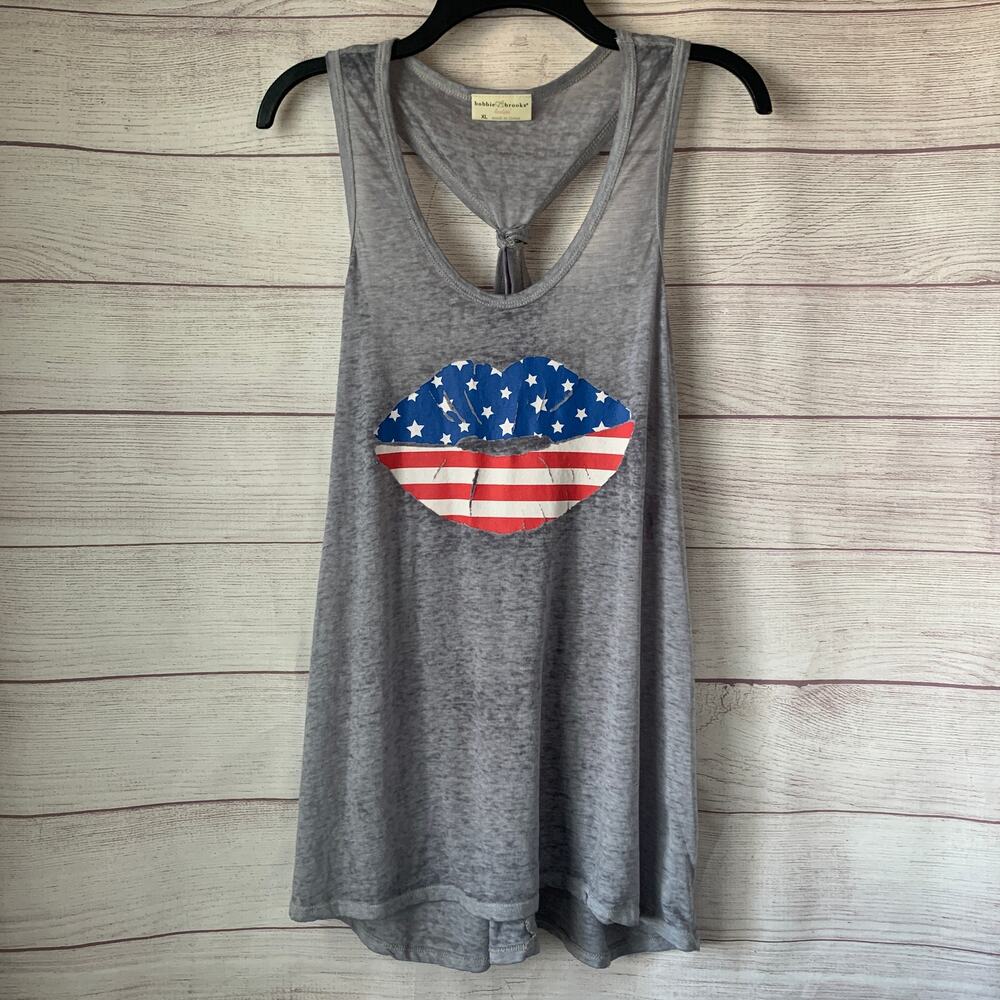Bobbie Brooks Gray Racerback Graphic Tank Top American Flag Kiss Keyhole Size XL